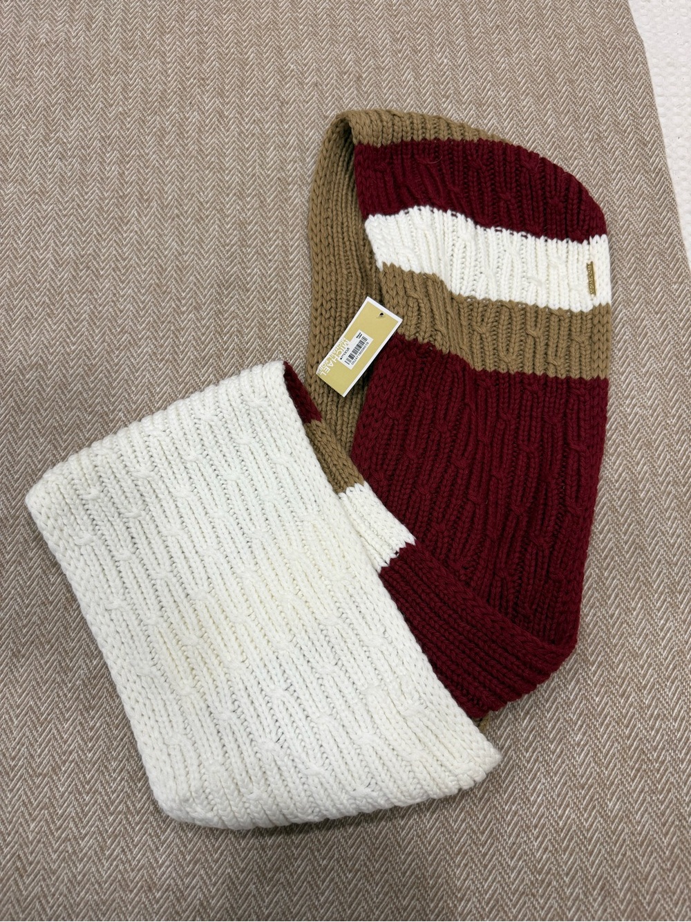 Michael Kors Burgundy, Cream & Tan Knit Scarf and Beanie Set